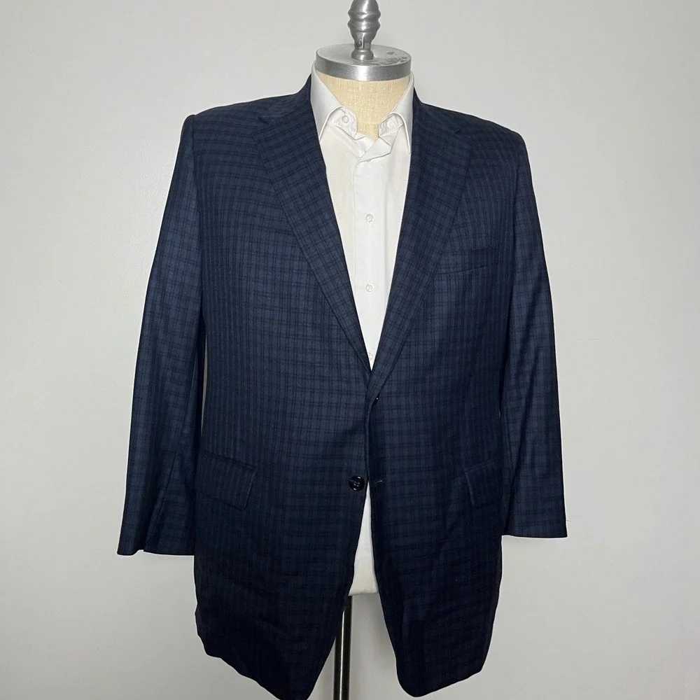 Royal Classic Blazer Mens 44L Navy Blue Plaid Two Button Notch Lapel Vintage